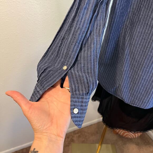 Ordean Blue Vertical Striped Long Sleeve Button Down Linen Shirt Italy Size XL - Picture 6 of 14